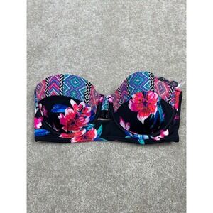SUNDAZED Women's Black Multi Floral 32C Bandeau‎ Bikini Top Underwire Padded